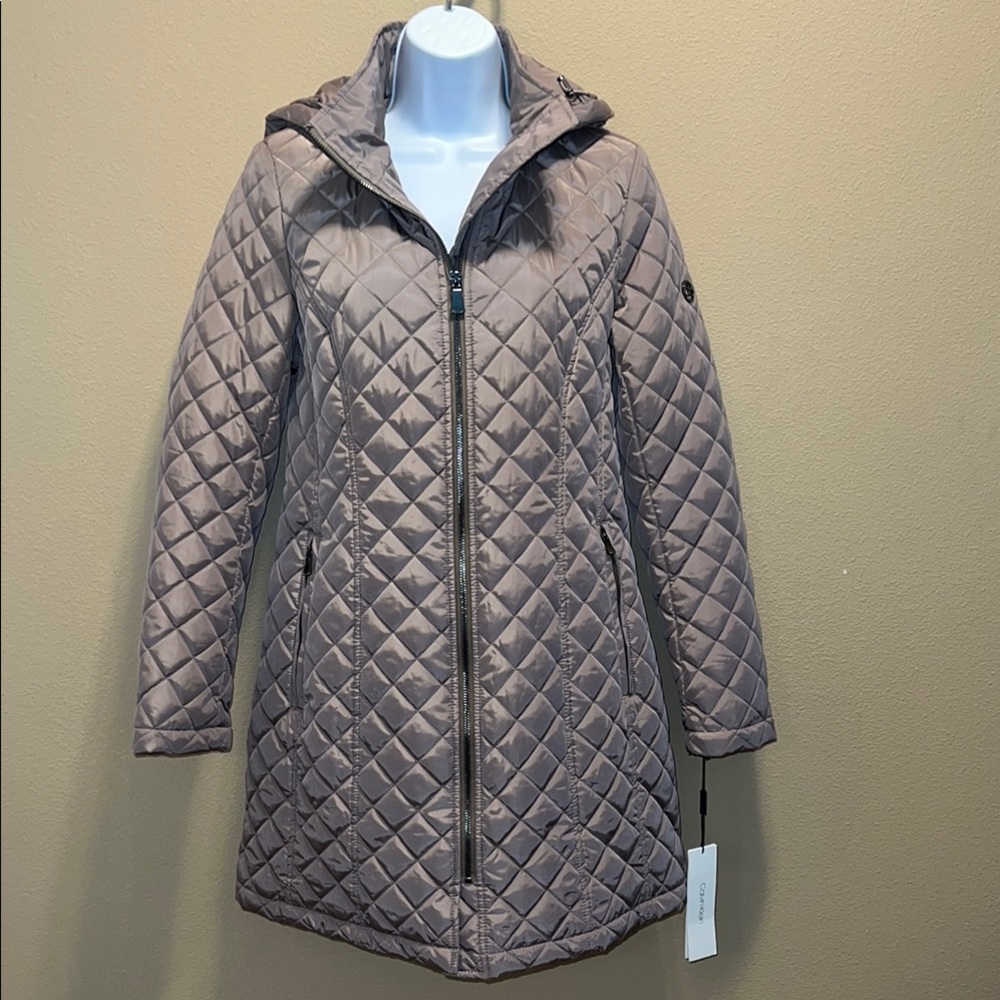 Calvin Klein Women’s Hooded Taupe Full Front Zip Quilted Puffer Jacket Coat SZ S